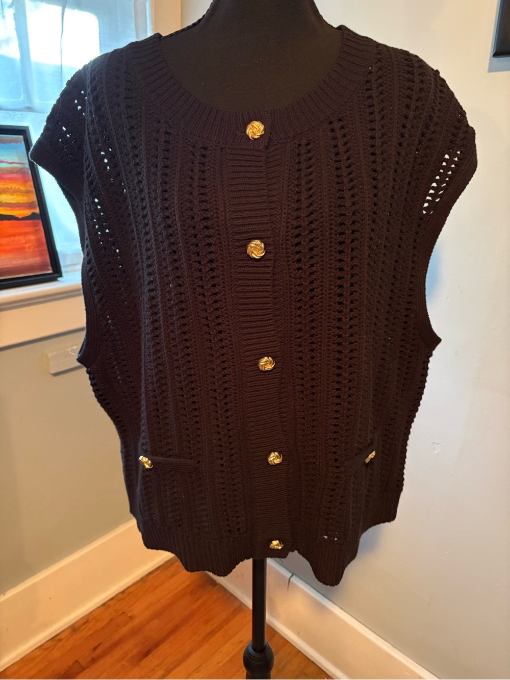 Anthropologie Black Sweater Button Up Vest with Gold Buttons